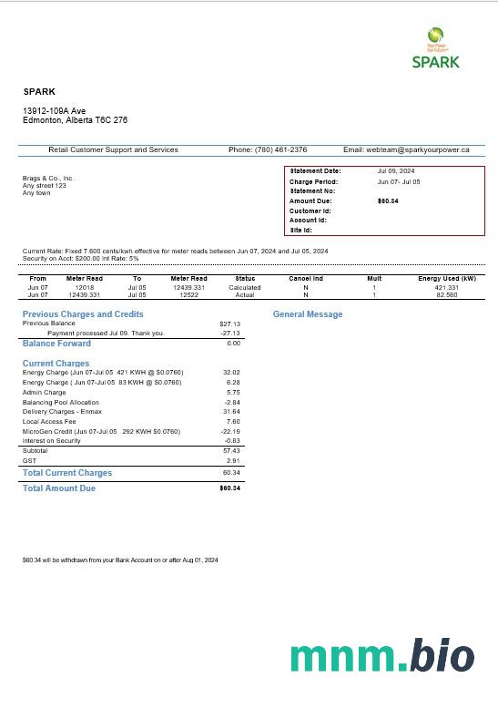 Kanada Alberta Spark rachunek za usługi komunalne szablon w formacie Word i pdf